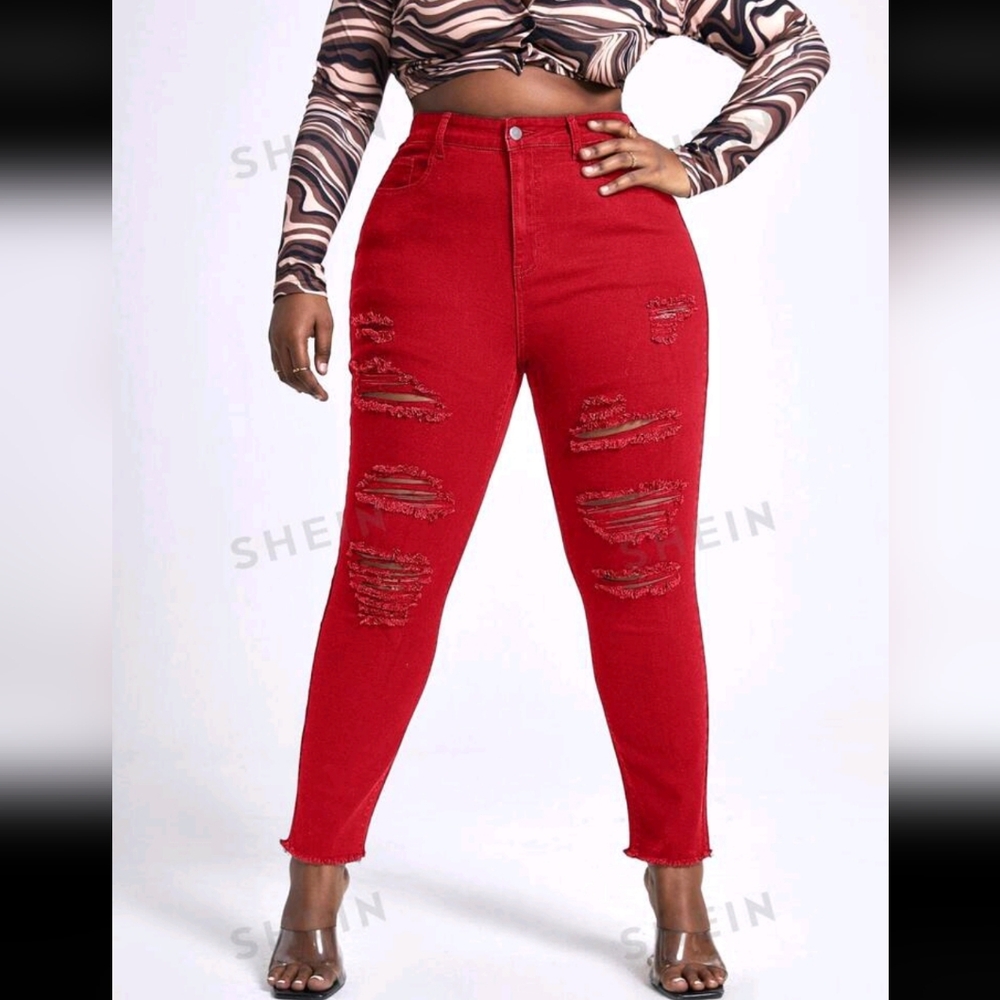 Red raw hem denim jeans